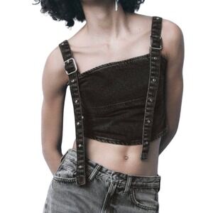 NEW Zara Corset Crop Top Buckle Straps Smocked Back Zipper Size L